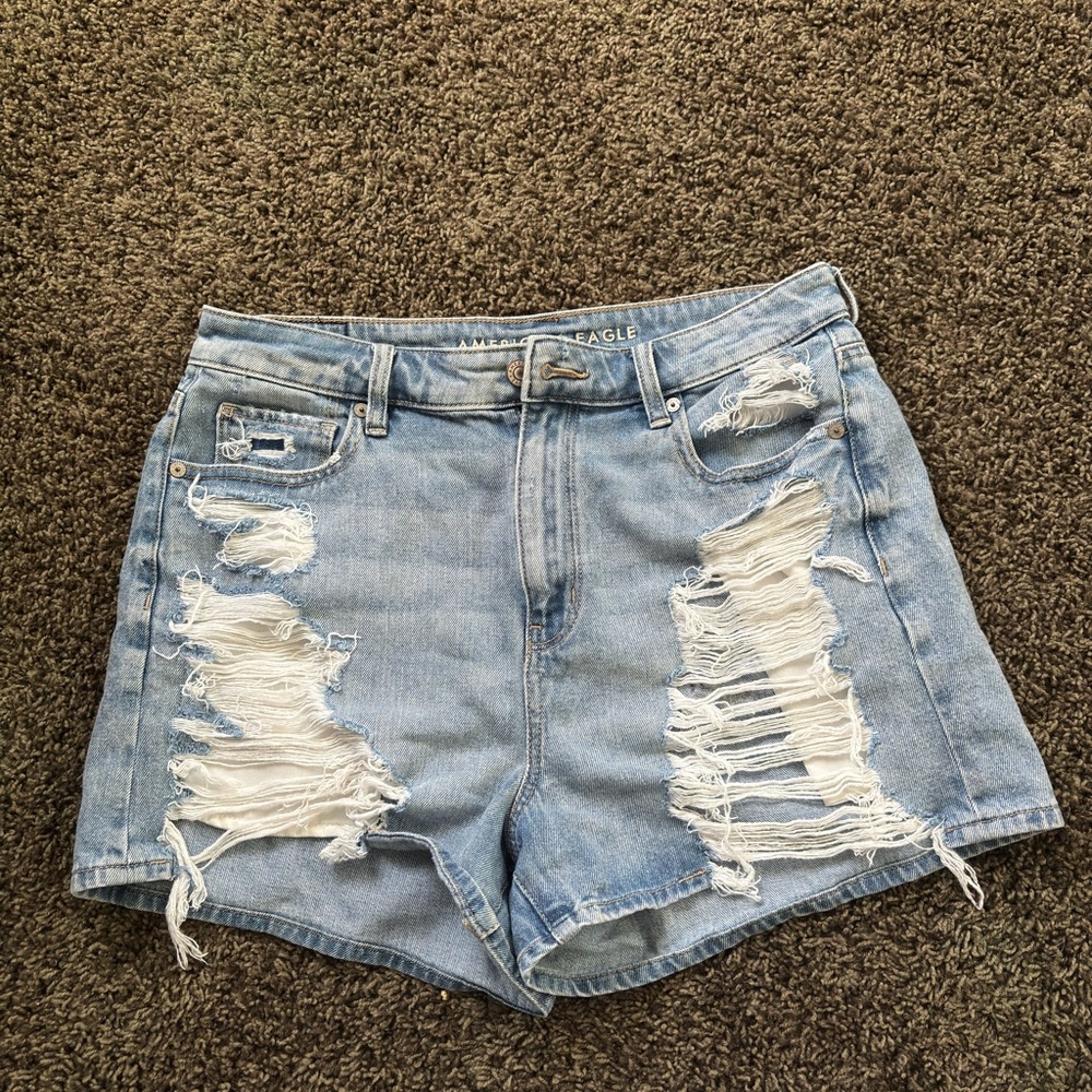 American Eagle Outfitters Light Blue Ripped High-Rise Denim Shorts